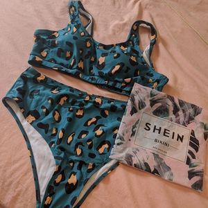 NWT SHEIN Curve teal leopard bikini